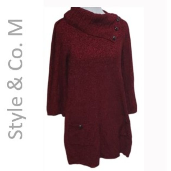 Style & Co Sweater Dress Pockets Marled Red Black Cowl Neck Cotton - Picture 1 of 7